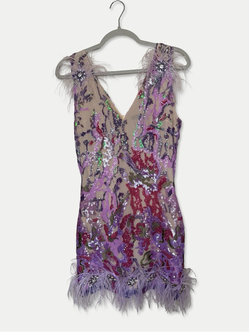 Bella Barnett XS Sequin Feather Rhinestone Floral Bodycon Mini Dress